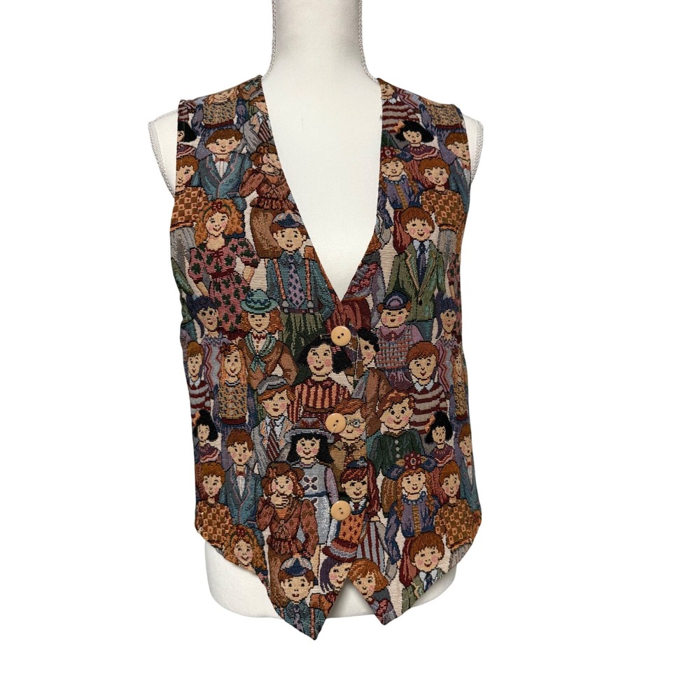 Vintage 90s Facets Children of the World Tapestry Women Vest Medium Teacher work